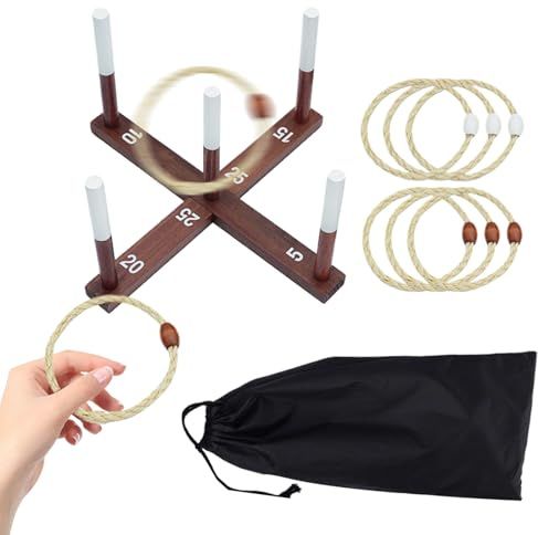 Holz Ringwurf Spiel - 5 Stäbe & 6 Sisal-Ringe | Outdoor Geschicklichkeitsspiel Für Garten & Park | Familienfreundlich Für Kinder & Erwachsene