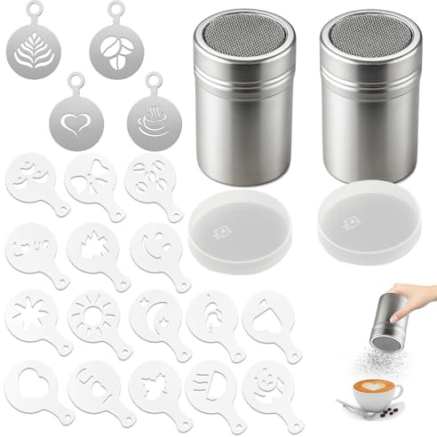 Kaffee Zubehör, 22-Teiliges Set Mit Kakaostreuer Für Cappuccino, 2 Kleine Streuer, 4 Edelstahl-Schablonen, 16 Dekorationsformen, Ideal Für Heiße Schokolade Und Backwaren