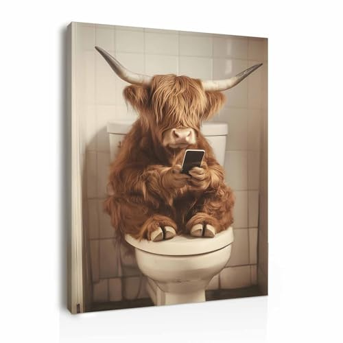 Galmcook Framed Canvas Wall Art 12x16 Inch Highland Cow Bathroom Wall Art Funny Toilet Wall Decoration Animal Canvas Bathroom Pictures and Prints with Hooks and Magic Tape