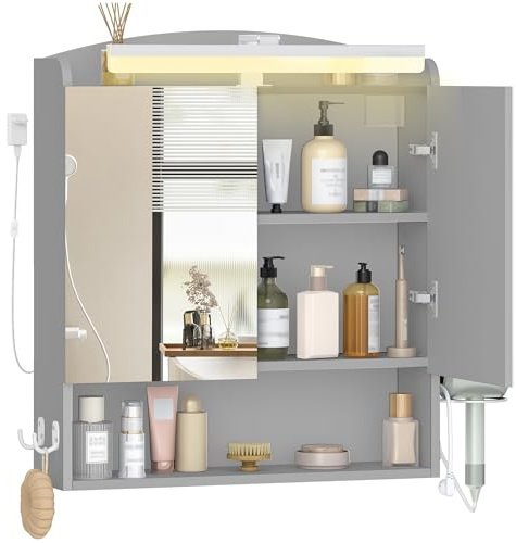Hzuaneri Spiegelschrank Bad mit Beleuchtung, Wandschrank | Badezimmerschrank mit Spiegel, verstell. Regal, Haartrockner-Halter und Haken, 16,5 x 60 x 68,5 cm MC10027XEU