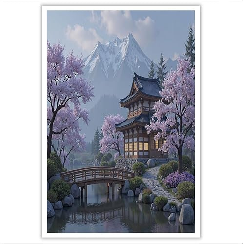 DLERFLOVR Canvas Wall Art, 70x100cm Classical Houses Artwork Print Japanese Garden Landscape Wall Decor Paintings Painting on Canvas Print Posters for Bedroom Office Home Decoration, Grey