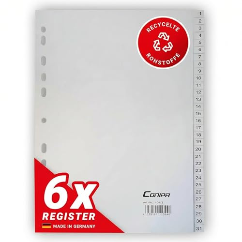 Register A4 6er Set – Trennblätter aus PP – Ordnerregister 1–12, 1–31 oder A–Z (auch halbe Höhe) – stabile Büro Organisation (1-31)