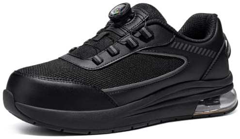 LARNMERN Safety Trainers Men Steel Toe Cap Trainers Work Shoes Black White | Swivel Buckle Puncture Resistant Non-Slip Anti-Smashing Breathable Lightweight Cushioning Comfortable