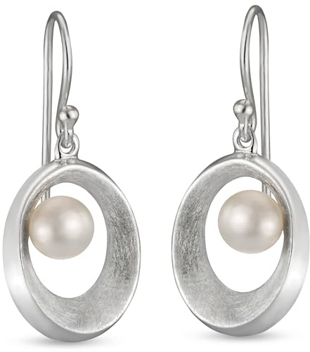 Vinani Damen Ohrringe 925 Silber - Ohrhänger offenes Oval gebürstet mit Süßwasserzuchtperle - Perlen Ohrring Set für Frauen OAGP