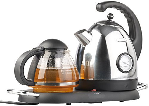 Rosenstein & Söhne Teekanne elektrisch: Edelstahl-Wasserkocher WSK-300.set mit Teekanne (Teebereiter, Teestation mit Wasserkocher, Warmhalteplatte)