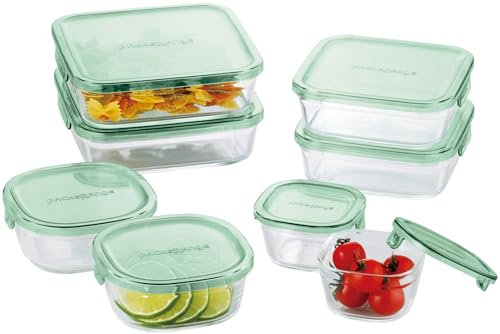 Iwaki Modern Green Square Food Storage Containers, 200ml, 450ml, 800ml, 1.2L, Microwave & Oven Safe, 8-Pack