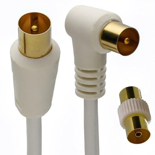 kenable RF Right Angle TV Aerial Freeview Plug Video Cable & Coupler Gold 0.4m White