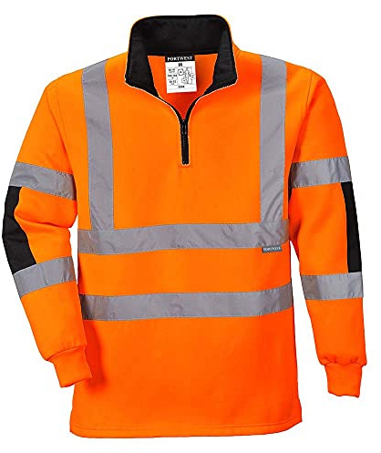 Portwest B308 Xenon Hi-Vis Rugby Shirt Mens Workwear Long Sleeve Reflective Tape Quarter Zip Pullover Jumper Sweatshirt Construction Rail Highway Worker Safety Top, Orange, M