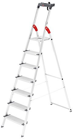 Hailo ProfiLine S150 XXL de aluminio HYMER – Escalera (7 XXL de peldaños, plataforma de bloqueo, soporta hasta 150 kg, bandeja) 8817 – 027