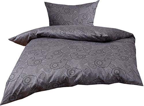 Bettwaesche-mit-Stil Mako Satin Damast Paisley Bettwäsche Garnitur Davos 135x200 + 80x80 schwarz - grau