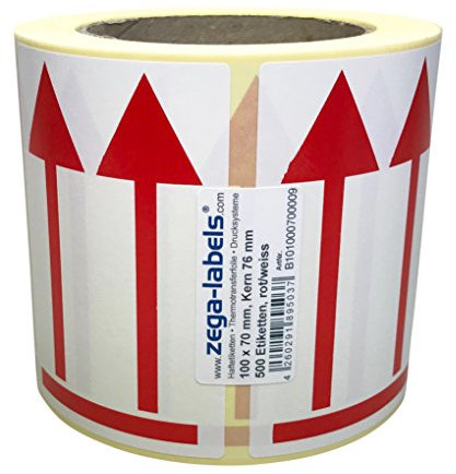 Warnetiketten auf Rolle - Hier oben Pfeile Abbildung zur Packstückorientierung Oben in ROT - 500 Stück je Rolle - 70 x 100 mm - Versandaufkleber stark haftend aus Papier selbstklebend