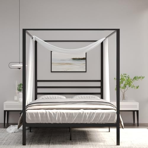 Golden Gate Beds Canopy Bed Frame with Four Poster Design, Strong Metal Slats and Built-in Headboard, Fits Drapes or Curtains, No Box Spring Needed, Girls or Teen Princess Style, Black, Queen Size