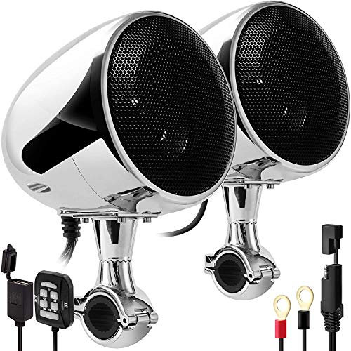 Aileap SPK350X 4 Pulgadas de Rango Completo, Impermeable, Motocicleta, Altavoces estéreo Bluetooth, Amplificador de Audio Todo en uno, Sistema de Radio para ATV RZR UTV Quad 4 Wheeler (Cromo,Malla)…