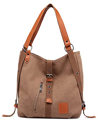 FANDARE Handtasche Damen Umhängetaschen Canvas Schultertasche Rucksack Strandtasche Schultertasche für Mädchen Frauen Alltag Büro Schule Ausflug Shopper Hobo Tasche Dunkelbraun
