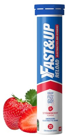 Fast&Up Reload Electrolyte Tablets, Strawberry Flavour, 20 Effervescent Tablets, Rapid Hydration & Energy, with Vitamin C & B12, Vegan