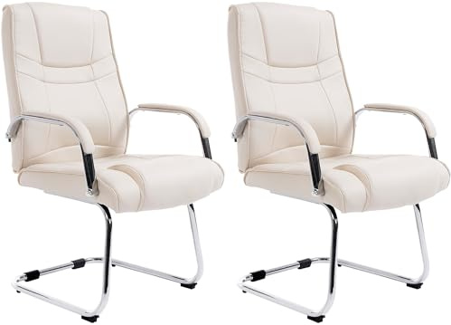 CLP Set De 2 Sillas De Conferencia XXL Attila En Polipiel I Sillas Cantilever Acolchadas con Base Metálica Oscilante, Color:Crema
