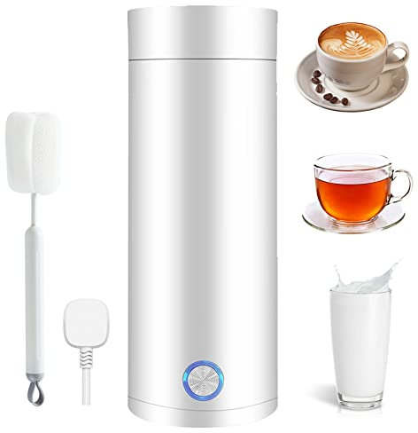 Bollitore da Viaggio, 400ml Bollitore Elettrico Portatile, Mini Thermos 3 in 1, 304 Rivestimento in Acciaio Inox, con Funzione di Spegnimento Automatico, per Tè, Latte, Caffè (Bianco)