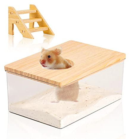 Transparenter Acryl Hamster Sandbad Box: Quadrat Badezimmer Mit Naturholzabdeckung, Treppe Für Mäuse, Lemminge, Rennmäuse, Kleintiere Oder Andere Kleine Haustiere