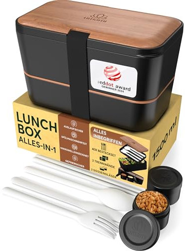 Umami Bento Lunch Box, Couverts & 2 Pots à Sauce Inclus, Boîte Repas Encastrable, Lunchbox Micro-Ondable, Boîte à Lunch Adulte Compartimentée, Bento Box, Cerise Noire, 1500 ml