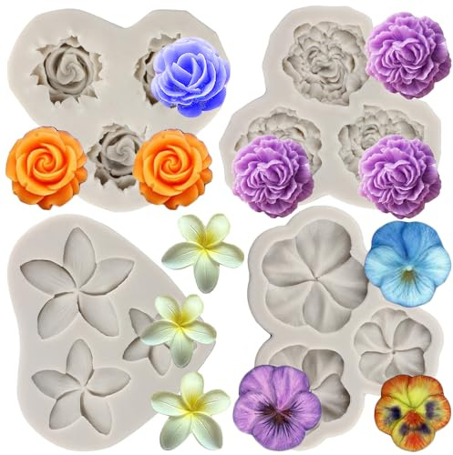 Sijiangmold Silikonformen für Plumeria, Pfingstrosen, Rose, Stiefmütterchen, Fondant, Kuchendekoration, Cupcake-Topper, Süßigkeiten, Polymerton, Schokolade, Gummipaste, 4 Stück