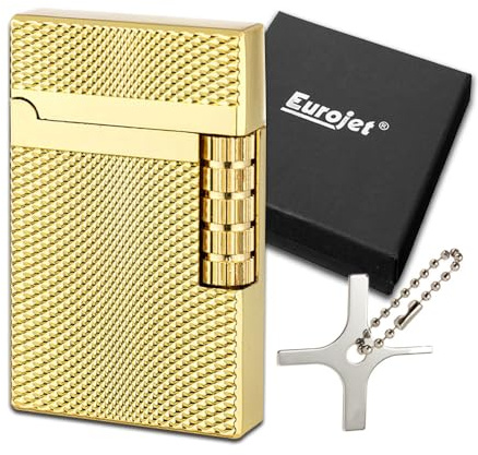 Goldenes Feuerzeug | Farbe: Gold (Carre) | Stand Flamme | Reibrad | Set Edles Desgin Gas Marken Feuerzeug + Coumo Justier Werkzeug | Geschenkverpackung