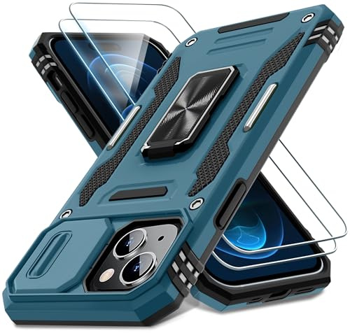 DEERLAMN Case for iPhone 15 with Slide Camera Cover + Screen Protector (2 Packs), Rotated Ring Kickstand Military Grade Shockproof Protective Cover-Light Blue