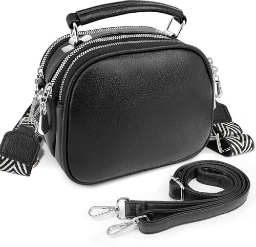 Handtasche Damen Schwarz Klein Umhängetasche mit 2 Abnehmbaren Riemen Mittelgroß Leder Crossbody Tasche mit Henkel