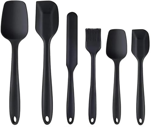 6-Pack Silicone Spatula Set Heat Resistant Non-Stick Stainless Steel Core Food Grade BPA Free Rubber Spatulas Kitchen Baking Tools Cooking Utensils Cookware Turner Tongs (Black)