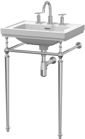 nuie CLB532 Carlton Traditional Bathroom 3 Tap Hole Fireclay Basin Stand and Bottle Trap, 861 x 531 x 406mm, White/Chrome