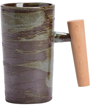 Jarsense 220 ml Kaffeetasse mit Holzgriff, handgefertigte Keramiktasse, Vintage-Tasse, Kaffeetasse, Heimbüro, Wasserbecher, Teetasse, Geschenke für Freunde (grün)