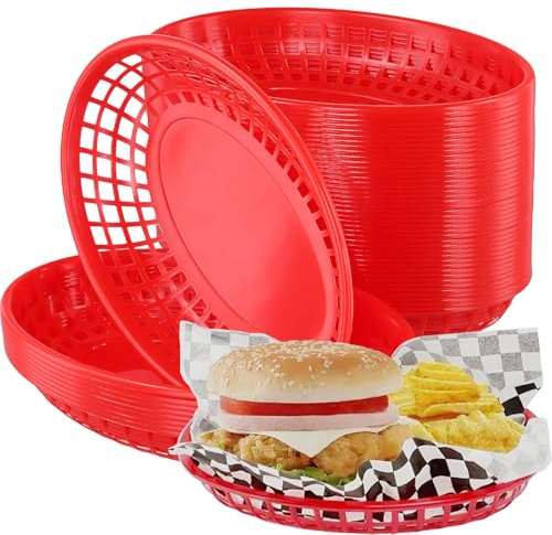 MAKTSAM 50 PCS 23x14.5x4 cm Red Oval Food Basket, Plastic Chip Fast Food Baskets, Stackable Food Service Basket for Snacks Chip Sandwiches Burgers Fries BBQ Party Picnic