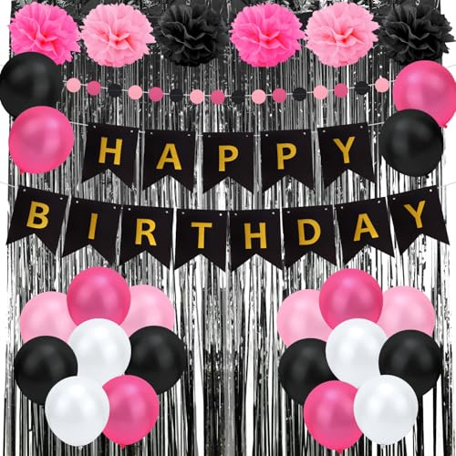 Décoration d'Anniversaire de Fille Noires et Roses, Décorations d'Anniversaire Rose Vif avec Bannière Happy Birthday Pompons Rideau en Aluminium Ballon Bobine pour Fournitures de Fête