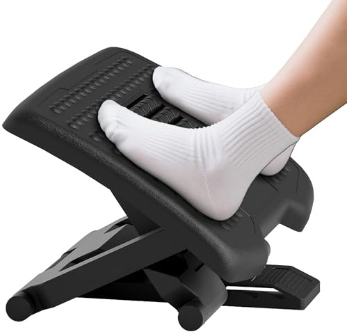 HOMCOM Poggiapiedi per Scrivania Antiscivolo e Regolabile in 3 Altezza, Poggiapiedi Ergonomico con Rulli Massaggianti, Regolazione Altezza e Angolazione, Nero