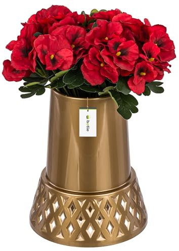 Vaso da cimitero a forma di cono, traforato, decorazione per tomba, vaso di fiori, altezza 25 cm, diametro 11 cm, composizione dorata, per fiori vivi e artificiali