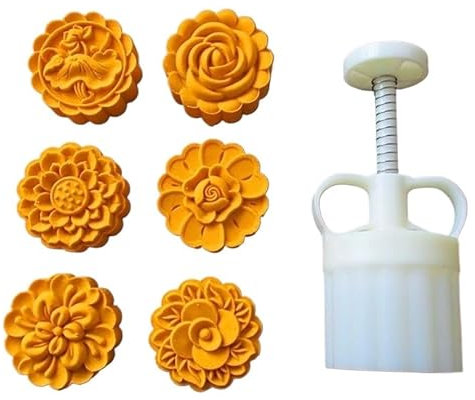 Hand Pressure Moon Cake Mould, 6pcs 75g Set,Mooncake Flower Round Bakeware,Cookie Press DIY Decoration Hand Press Cutter Cake Mold Biscuits Moon Cake Maker(B)
