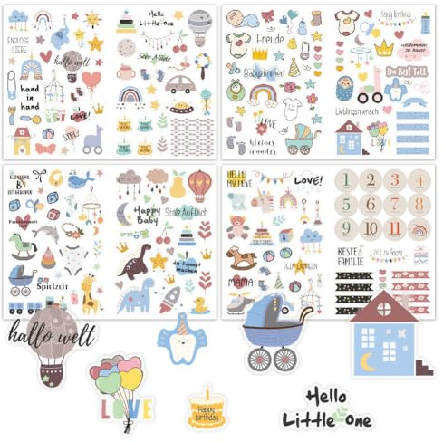 212 pegatinas, 4 unidades de álbumes de fotos, pegatinas para álbumes de recortes de bebé, 8 hojas DIN A4, para diseñar scrapbooking