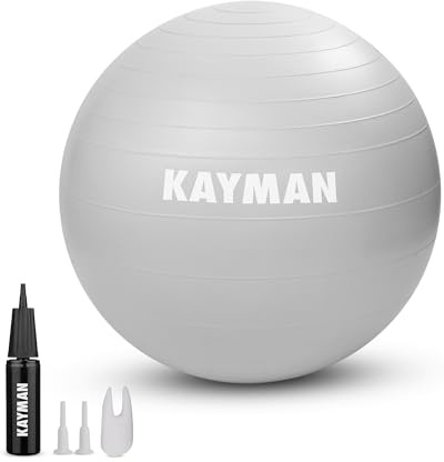 KAYMAN Exercise Ball - Anti-Burst System, Non-Slip Rings, Durable Material, Easy to Inflate, Perfect for Yoga, Pilates, Fitness, Balance Training, Gym, and Home Workouts (Grey, 55cm)