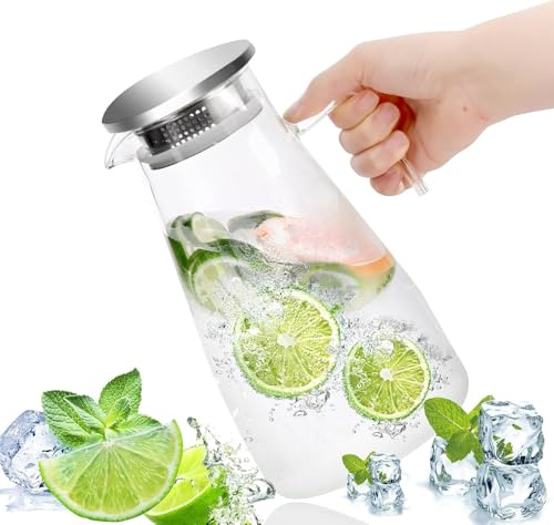 Oceano Brocca Caraffa plastica acrilica Pet con coperchio beccuccio versatore succhi frutta bevande acqua bibite sangria tè freddo caldo cocktail doppio foro in acciaio inossidabile (1.8L)