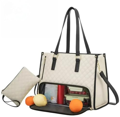 Lunchtasche, 2-in-1 Lunch Bag Handtasche Kombination, 15,6 Zoll Tote Bag mit Isoliertem Lunchfach, Lunch Tasche Lunchtasche Damen, Kühltasche Thermotasche für Unterwegs Arbeit Schule Büro (Weiß)