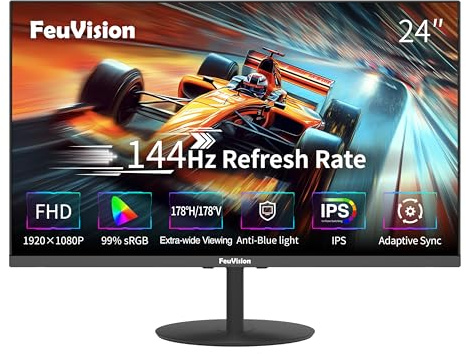 FeuVision 24 Zoll 144Hz Gmaing Monitor, FHD 1080p, PC Bildschirm, IPS | Adaptive Sync, 110% sRGB, 1ms Reaktionszeit, VESA, Rahmenlos Bildschirm, Blaulichtfilter, HDMI, DP Anschluss