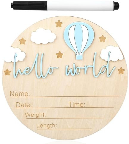 Gosknor Wooden Baby Announcement Sign, Hello World New Born Sign Welcome Baby Name Plaque for Home Hospital Nursery Newborn Accessories Gift (Blue)