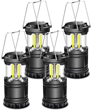 Linterna LED de camping portátil, plegable y a pilas, luz de emergencia con gancho plegable para senderismo, camping y apagones (4PCS)