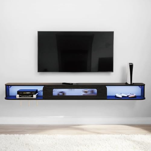 Pmnianhua Floating TV Stand with LED Lights, Solid Wood Wall Mounted TV Cabinet with Glass Door, Mid-Century Entertainment Media Console Center Large Storage Shelf Under TV (120cm, Black)
