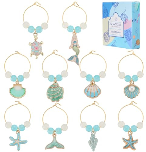SUNNYCLUE 1 Box 20Pcs 10 Styles Sea Wine Glass Charms Ocean Wine Charms Blue Beads Enamel Summer Beach Hawaii Turtle Shell Identifier Drinks Tags for Stem Glasses Markers Wedding Party Favor Gifts