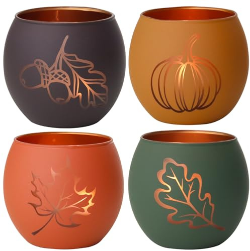 Tealight Holders Glass Candle Holders Set 4 Thanksgiving Decor | Set of 4 elegant glass candle holders, ideal for Thanksgiving table decorations, autumn home accents, and seasonal gifts
