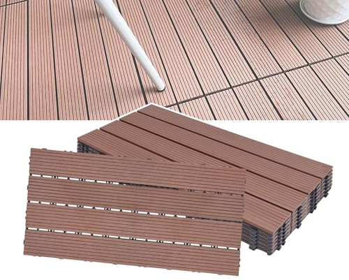 NAIZY Lot de 18 dalles de terrasse WPC - 30 x 60 cm - Avec système à clic - Revêtement de sol pour balcon et jardin - 3 m² - Marron