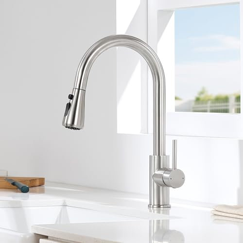 DERW Kitchen Tap, Kitchen Mixer Tap with Pull Out Sprayer, Swivel Spout with 2 Modes Spray, Stainless Steel Construction, Single Handle for Easy Control, Anti-Burst Hose, Quick Installation