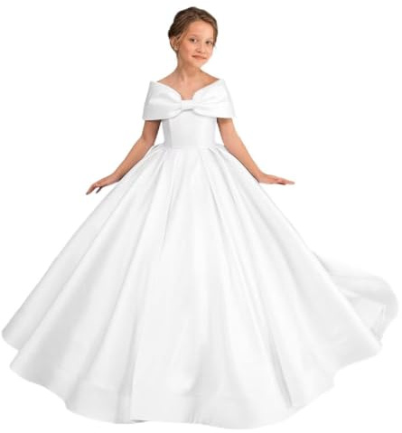 Kauste White Off Shoulder Satin Flower Girl Dresses for Weddings First Communion Dress Pageant Gown KT280-WH-6