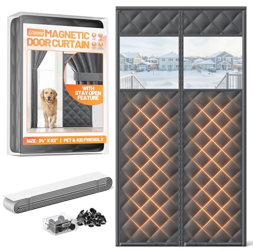 Magnetic Insulated Door Curtain Fits 32x80 Doors - Thermal Door Cover for Winter with Clear Window, Window Insulation Kit & Doors Draft Stopper to Keep Cold Air Out for Front Doorway Home - Black