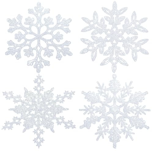 Noviatrix 24 Stück Schneeflocken Weihnachten Deko, 4 Modelle Schneeflocken Deko, Weihnachtsbaumschmuck Weiße Glitzer-Hängedekorationen für Weihnachtsbäume, Schränke und Treppen